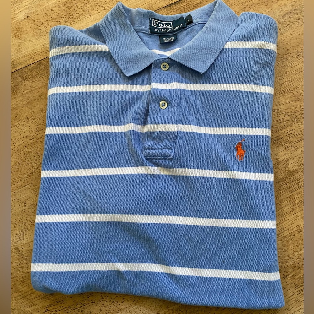 Polo by Ralph Lauren Men’s Large Pique Knit Light Blue W/White Stripes Polo‎